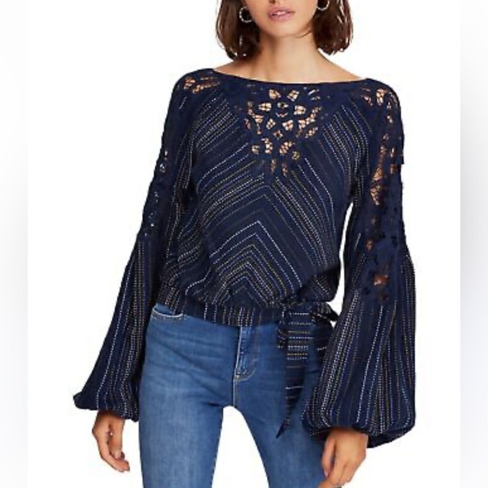 NWT Free People Floating Memories Pullover Blouse, Blue Size: XS